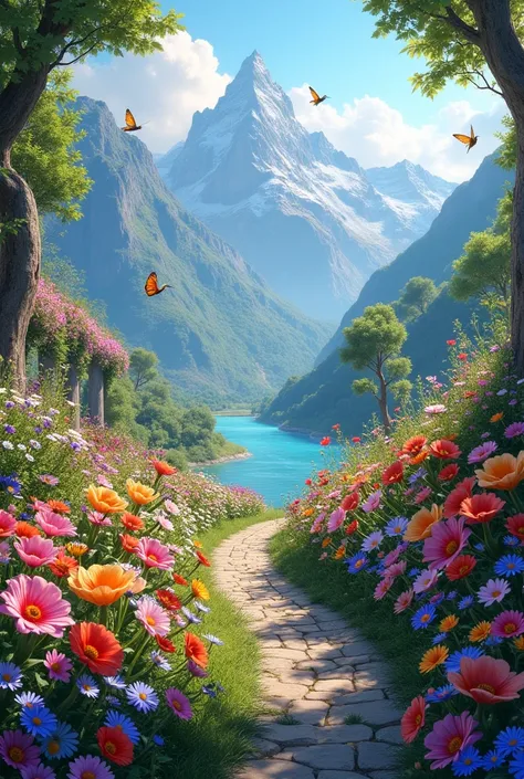 Colorfull Flower garden, river mountain