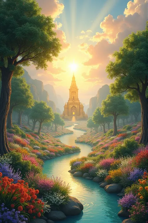 " Create a picture of heaven with the following details :  beautiful garden full of colorful flowers ,  a clear river flows between majestic trees with leaves lustrous leaves,  golden path to the magnificent palace softly glowing .  The sky is brightly col...