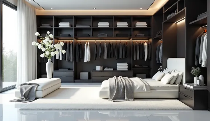 criar imagem de um closet de casal luxuoso grande bem grande com piso White polido, white walls,  black floor-to-ceiling windows , white curtains,  the clothes are black , White, gray, tapete em pelo White, sofá White, vaso White luxuoso com rosas brancas ...