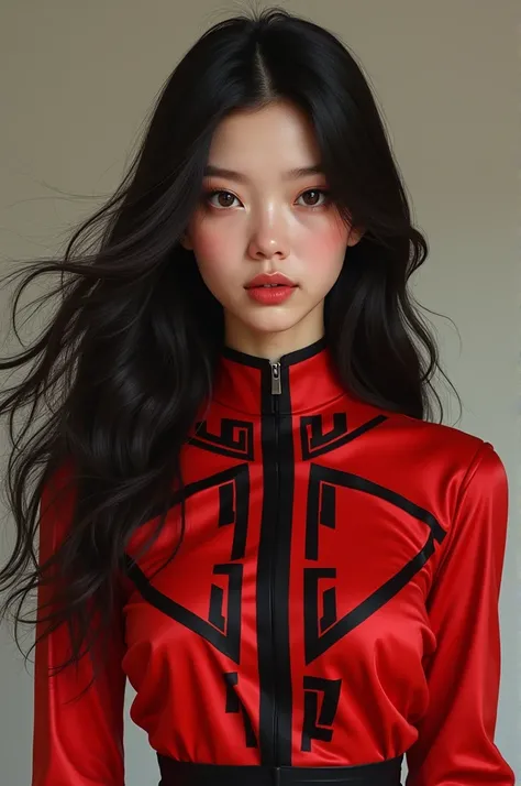 A girl with long hair and a red blouse with black lines 