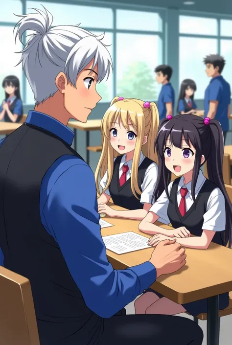 An anime-style illustration of Shugo Masaki, a chuunibyo professor, sitting in a university cafeteria with Haruka and Kaede, his twin 20 years old sensual students, seen from a wider perspective. Shugo has white hair tied in a short ponytail, light brown s...