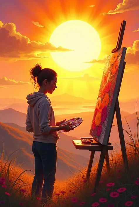 Image of an artist  @ mcavalcantart painting a picture with a very bright spectacular sun 