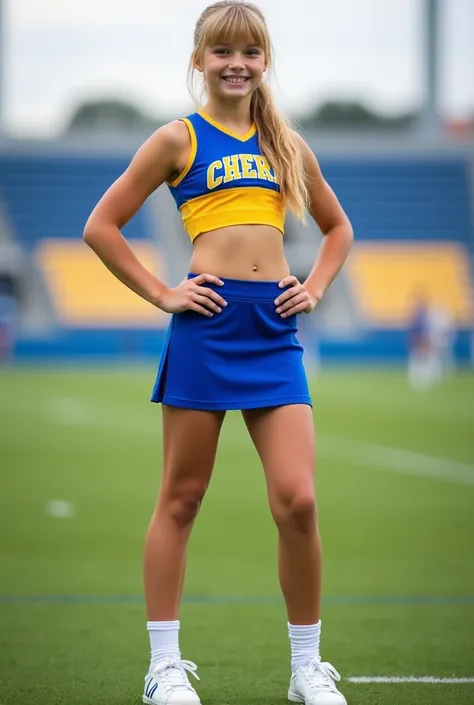 A young blonde, teen; sweet and innocent; very beautiful; full body photo; six pack abs; athletic pale legs; large breasts; wearing blue and yellow cheerleader singlet and miniskirt; long waist hair; bangs and in a ponytail; ankle length white socks and wh...