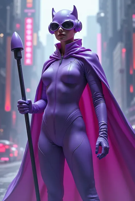 Lilac superhero with cape , Gloves,  futuristic glasses and plunger in his hand