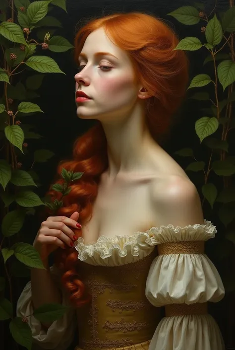 A Renaissance oil painting of a woman, nature, pale skin, witch , ginger