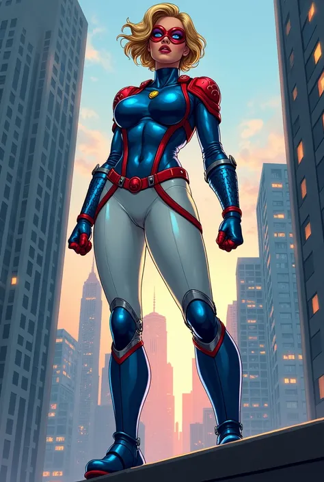 In a graphic novel style depict A breathtaking illustration of a superheroine standing boldly on the edge of a skyscraper, viewed from a low angle that emphasizes her commanding presence against the backdrop of a glowing cityscape. She has short, voluminou...