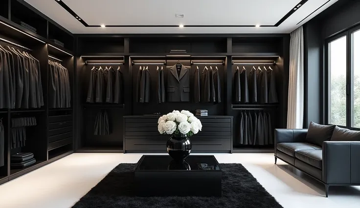 criar imagem de um closet de casal luxuoso grande bem grande com piso White polido, white walls,  black floor-to-ceiling windows , The black clothes , White, gray, black fur carpet , black sofa ,  luxurious black vase with white roses on a black glass tabl...