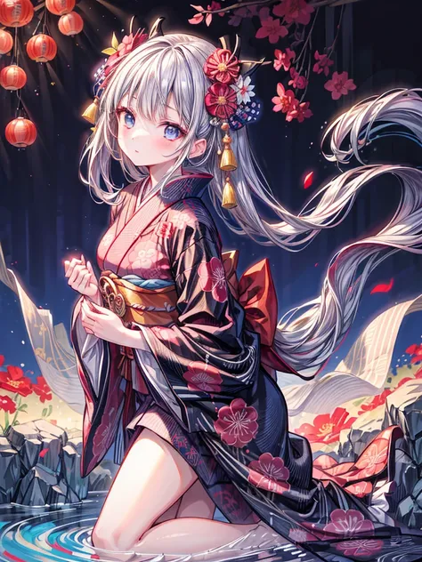 ((( Dynamic Best Composition、 top quality、 Masterpiece、 super detailed、 high definition)))、Hand-held、Girl in kimono standing holding a kissel,  medium length of gray hair,  blue eyes,  red lips,  Kimono with red spider flower pattern on a black background ...