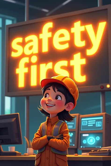 A words will come and shine. The words is “Safety first”. Words color is yellow and with little safety worker wearing all safety clothes and tools. Looking at screen smiling