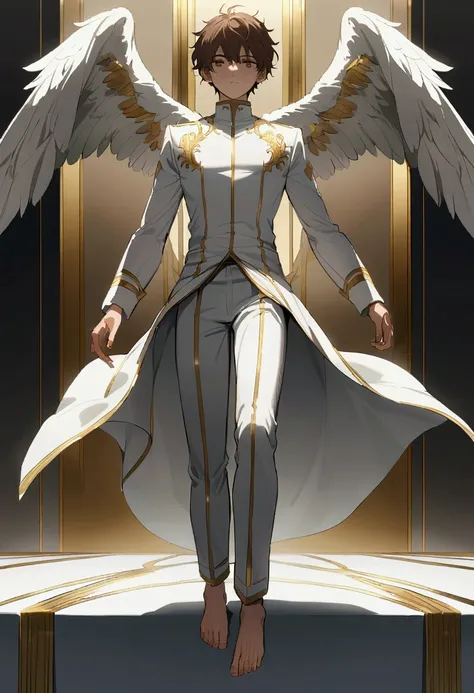 anime character,  18-year-old boy with a exercised body and an expressionless face,  messy brown hair and brown eyes .  White long sleeve shirt suit with gold line ,  white pants with gold details , barefoot. White angel wings with gold lines 