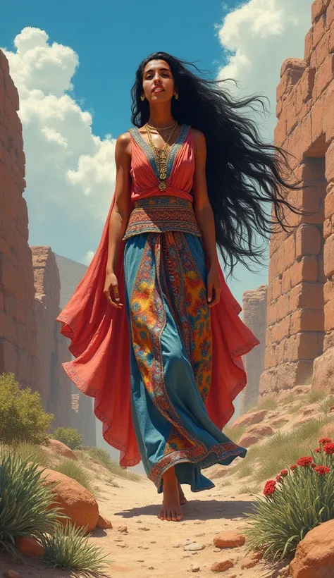 Realistic illustration in pastel technique with vibrant colors of an Aymara goddess, dressed in a long tunic and thin colorful fabric like an aguayo blanket, the goddess with very long and wavy black hair, dark skin and a wonderful smile is tall and thin ,...