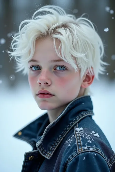  18-year-old boy with disheveled white hair,  white and smooth complexion without any freckles , with a strong build and lilac eyes . jean jacket.  In the background that you can see snow and with a little blur 
