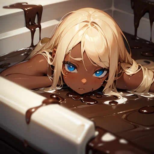 Girl with blue eyes and blonde hair covered in melting chocolate turning her skin color brown, brown skinned, chocolate skinned