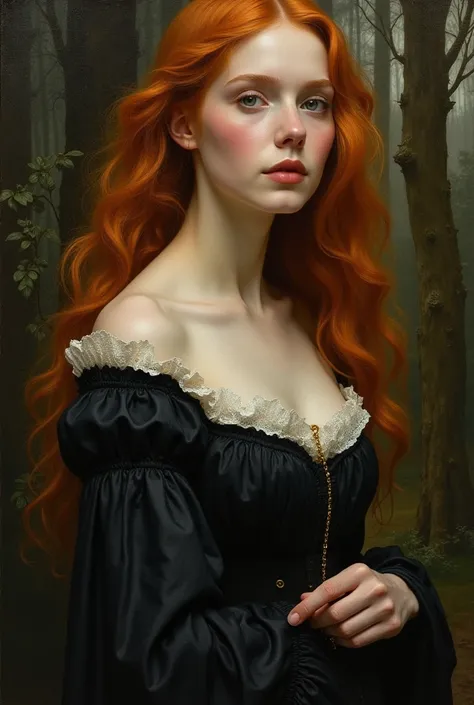 A Renaissance oil painting of a woman, nature, pale skin, witch , ginger