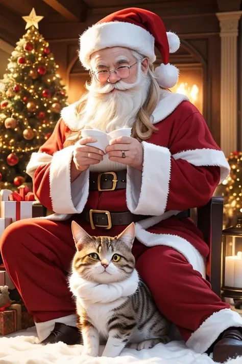 Cute cats and dogs sitting adorably while dressed in festive Santa Claus outfits. Each animal features a 3D realistic design with soft, fluffy fur and expressive faces. The cats and dogs are posed in charming seated positions, with tiny Santa hats and red-...