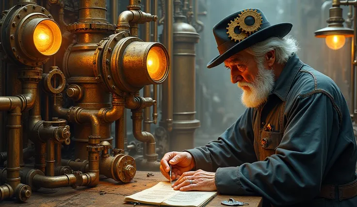 Maximum quality masterpiece, 4k resolution, (best quality, 4k, 8k, high resolution, masterpiece:1.2), super detail, (realistic, photorealistic, photorealistic:1.37), HDR The vivid Steampunk painting features an elderly European man with silver hair, wearin...