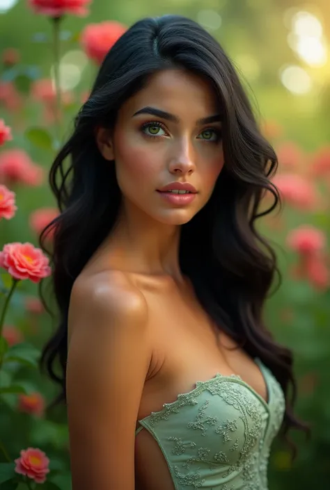 a beautiful latina woman with green eyes, intricate detailed facial features, long eyelashes, lush lips, flowing dark hair, elegant dress, standing in a lush garden with blooming flowers, soft lighting, photorealistic, cinematic, masterpiece