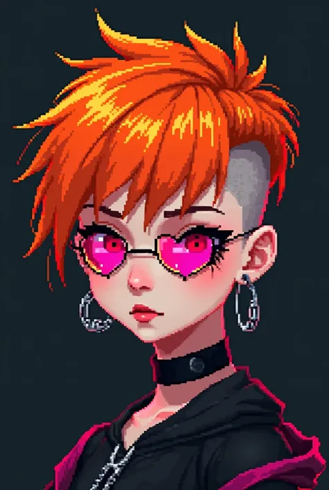 Goth girl short hair orange with pink heart-shaped lenses pixel art 