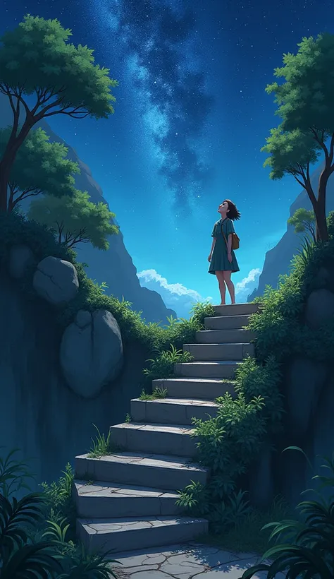 A staircase that ends in a raised platform, where a smiling person looks up at a sky full of stars. On one side, a new staircase that leads to even higher horizons. realistic style