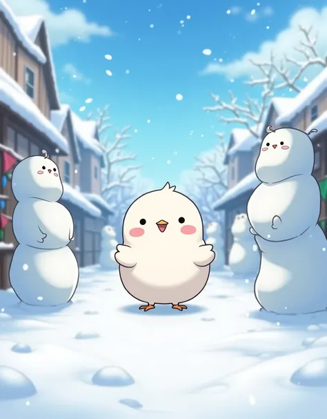 Masterpiece,Best quality, Anime style, (winter festival, outdoor, snow, snow statues made of snow, deformed),pure white sparrow mascot, round body, fluffy body, simple face, cute appearance,