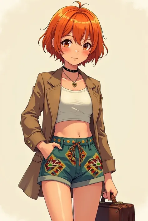  Girl with short hair and orange color , with freckles, That she is wearing a top ,  short with Mayan panty and a small jacket,  in her hand that she wears a briefcase  (Anime version) 