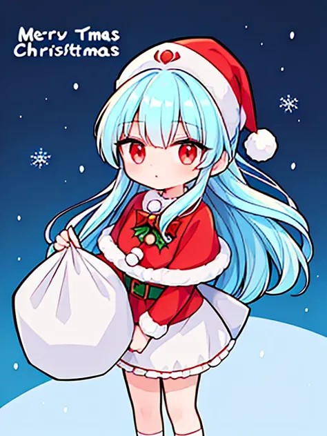 (((Christmas Santa Claus · Santa hat · costume · Vanilla H · holding a large white cloth bag · light blue hair · anime · red eyes)))