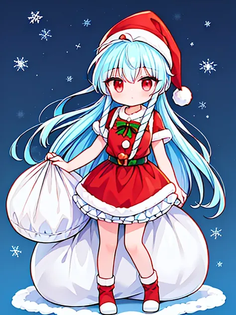 (((Christmas Santa Claus · Santa hat · costume · Vanilla H · holding a large white cloth bag · light blue hair · anime · red eyes)))