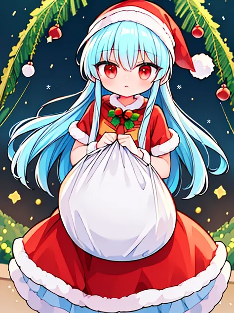 (((Christmas Santa Claus · Santa hat · costume · Vanilla H · holding a large white cloth bag · light blue hair · anime · red eyes)))