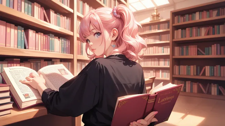 rating_safe, score_9, score_8_up, score_7_up, source_anime, masterpiece, best quality, solo, 1 girl, (she is wearing pastel black shirt, pastel pink panties), (reading book, looking back, ), library,