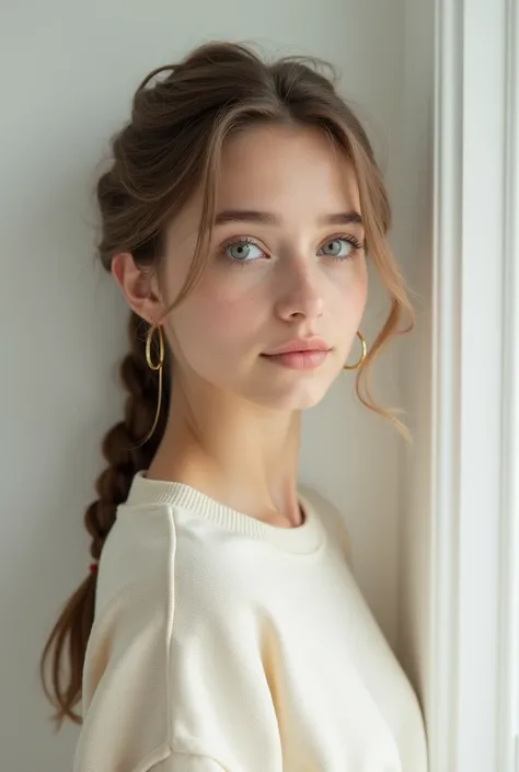 Photorealistic Portrait of a 20-year-old Slavic Girl gazing directly into the camera lens. Braid Hairstyle, Her closed mouth and tender expression convey innocence and sweetness. She wears a pastel soft cream textured-colored round-necked sweatshirt with s...