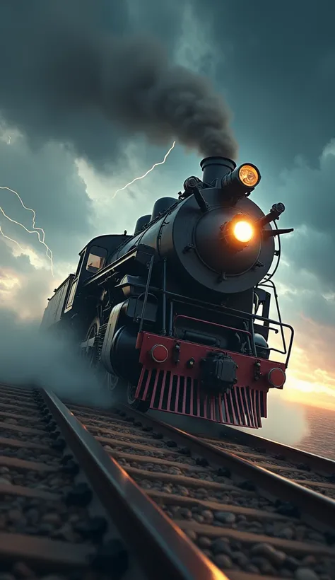 
In cinematic 3D style, HD image, realistic image, colourful image.
There is a driver in the engine of the train who is wearing drivers uniform and he is screaming with his mouth open, the train is moving very fast, the weather is very cloudy and the light...