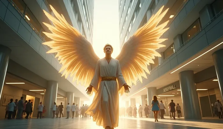 A male angel entering a city hospital