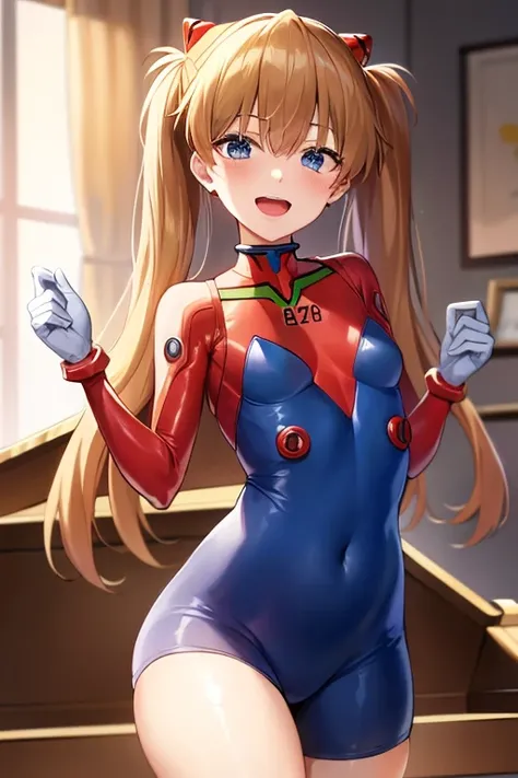 (( top quality)), ((masterpiece)), (be familiar with),  perfect face, indoor, bedroom,  watching viewers,
One woman,  Soryu Asuka Langley,
 open mouth,  ecstatic expression beside the piano, blush, smile,
 small tits,  flat chested, Young girl, Lori,  s,  ...