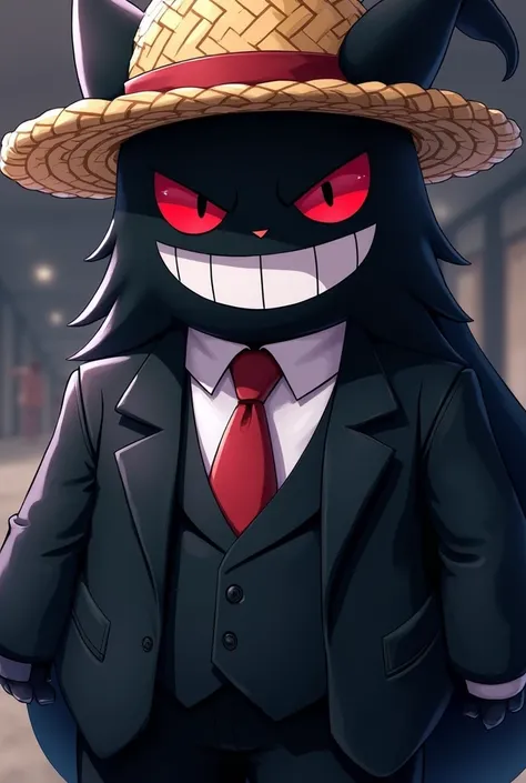 Make Pokémon Gengar , Let him show his smile , Ojos rojos,  in a black suit,  the black tie and have Luffys straw hat on, all this with an anime design 