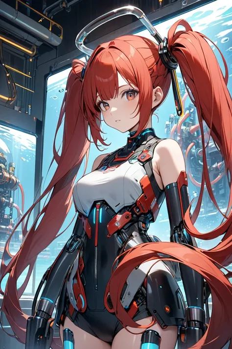 The android of a girl with a redhead twin-tail hairstyle is connected to many tubes in a culture tank