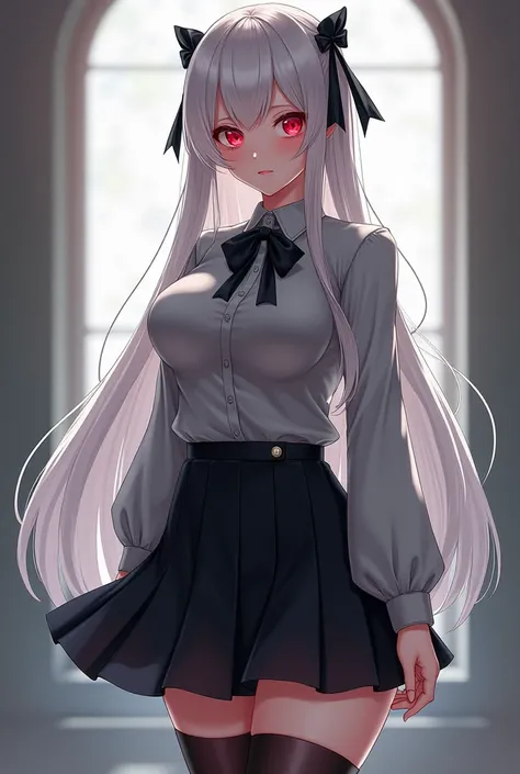  Beautiful girl with medium breasts and big legs ,  with hip-length white hair with a black ribbon and bangs , sweet look and red eyes  .  Flues gray high school uniform and black skirt , with thigh high stockings