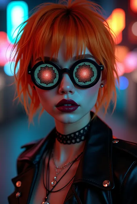 Goth girl short hair orange with pixel art lenses 