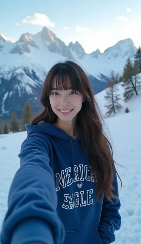 Cold A young European woman with black hair long lace fringe French sportswear American Eagle navy blue taking a selfie in the snowy mountain ultra high cinematic quality hyper realistic 8k lots of light lighting 