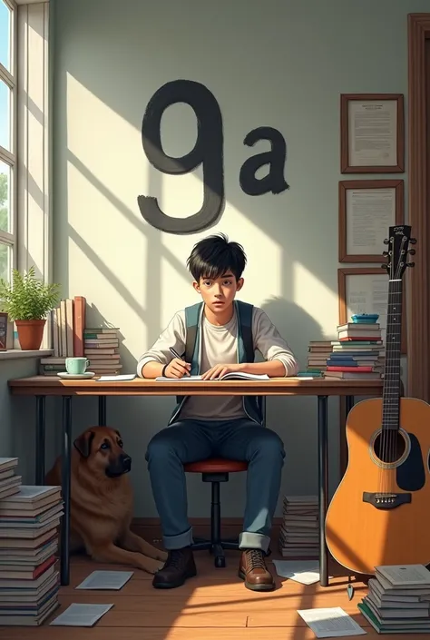 A 17-year-old student studying on a small table, with a wall in front, books and a display on his desk, a guitar in his hand and a dog, 9A painted on the wall,jermenshepherd dog