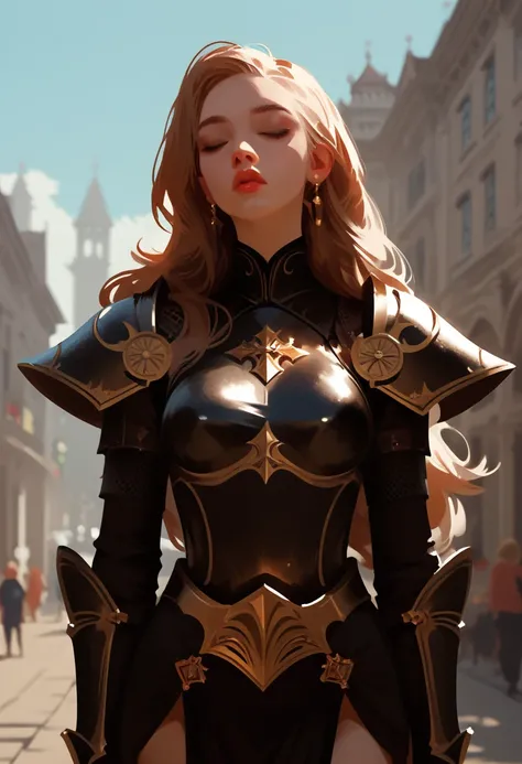 1girl, armor, blurry background, blurry, jewelry, earrings, gauntlets, shoulder armor, breasts, pauldrons, long hair, outdoors, standing, medium breasts, lips, solo focus, cowboy shot, solo, depth of field, brown eyes, closed mouth, city, zPDXL3,  PnyCmicX...