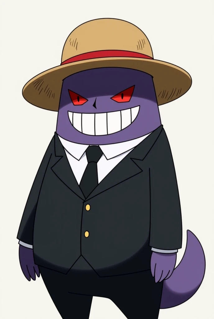 Make Pokémon Gengar , Let him show his smile , Ojos rojos,  in a black suit,  the black tie and have Luffys straw hat on, all this with a simple animation without shading 