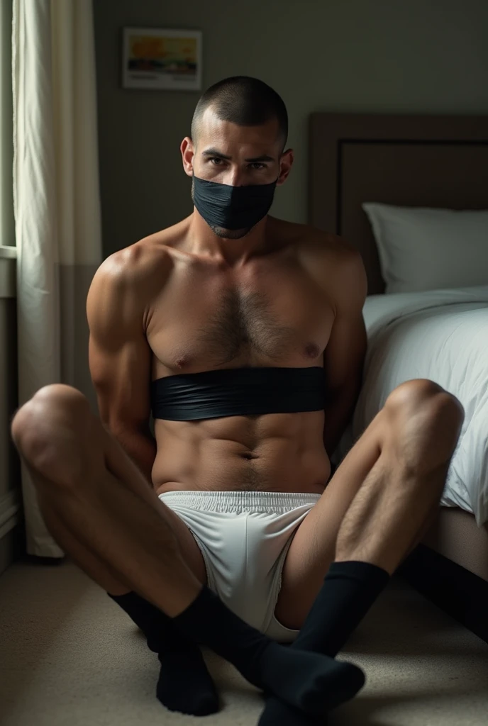 A 25 year old Italian guy with a buzz cut is sitting on the floor in the hotel room. He is wearing white Tanga briefs and black socks. He has hair on his chest and hairy legs. His hands are behind his back and his feet are tape together with black tape . B...