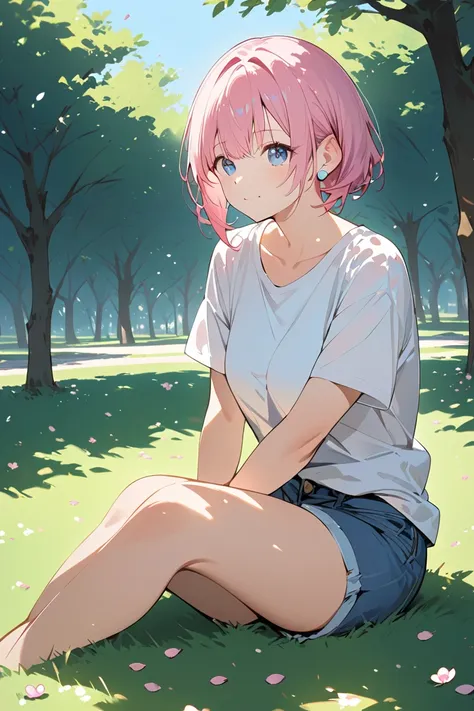 "A cute high school girl with short pink hair styled in a slightly messy but stylish cut. She is wearing a simple white short-sleeved T-shirt and denim shorts, giving her a casual and laid-back appearance. She is sitting cross-legged on the ground, with he...