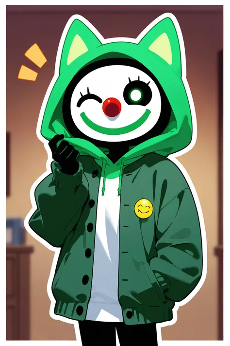 , the character with black skin is wearing a green cardigan with black buttons only on the right,  on his head he also has a green hood on the edge of which is white fur , , he has a green smiling face in the form of a hologram , a smiley ,  emoticon and a...