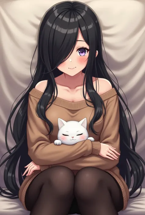  She creates an image of an anime girl with long black hair covering her eyes with a big brown sweater with a white cat on her chest and black pantyhose that reach her thighs, and she is very submissive  