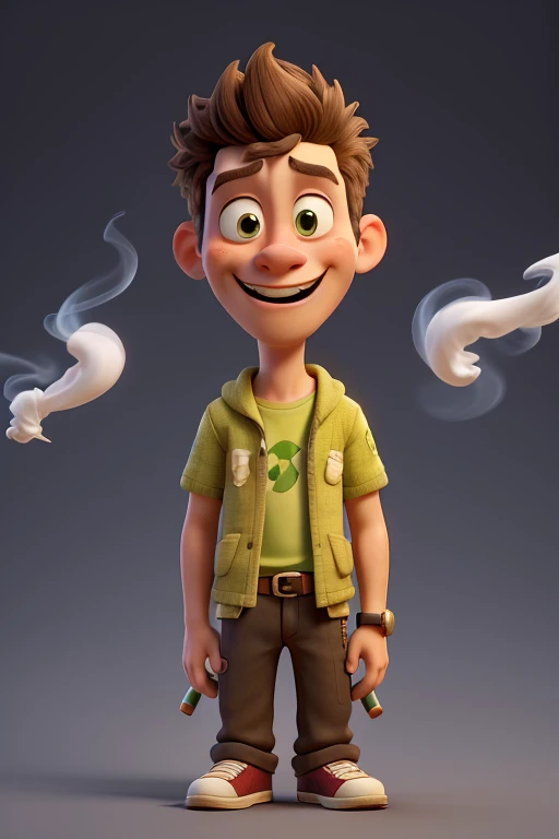 A person with cartoonish expressions, smoking a joint of marijuana.