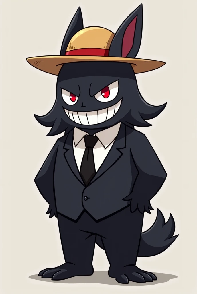  Do a word that says first "Toto , Then do the Pokémon Gengar , Let him show his smile , Ojos rojos,  in a black suit,  the black tie and have Luffys straw hat on, all this with a simple animation without shading 