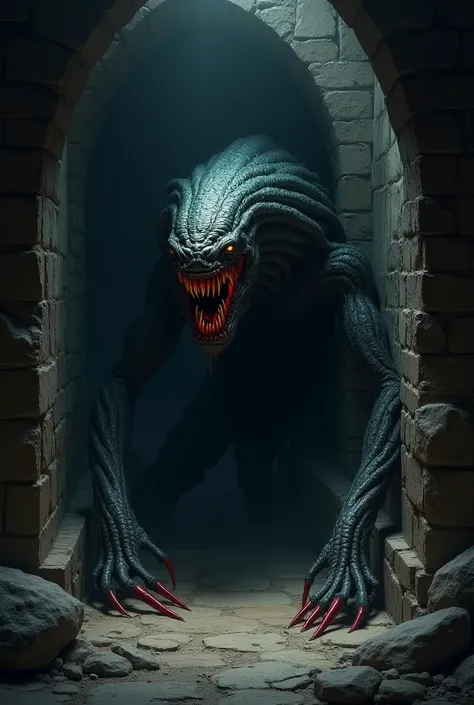 "A horrifying, otherworldly creature hiding in the shadows inside the Ark. It has jagged claws, glowing red eyes, and a grotesque, scaled body. Its form is partially obscured by the dark, but its sharp teeth glint in the faint light, making it look ready t...