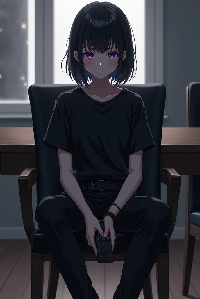 Teen anime girl with black watch and black hair and purple eyes has dark shadows under her eyes and sits in a dining chair with a backrest upholstered with black leather with wooden legs She wears leather pants and black leather shoes and leather t-shirt ,...