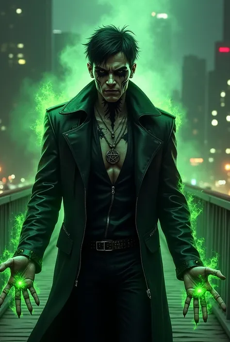 A sorcerer, evil man, short hair., wearing black clothes with black leather jacket,  wears a necklace with a pentragram , his eyes are black covering the sclera and all over his face he has marked black veins,  emanate green rays and energy from his hands ...